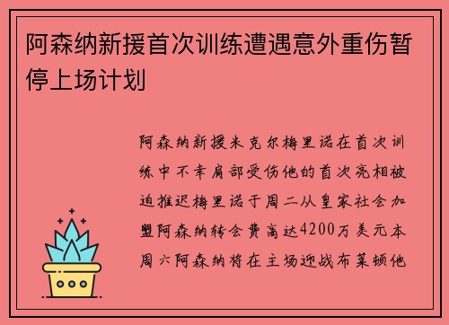 阿森纳新援首次训练遭遇意外重伤暂停上场计划